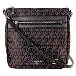NWT Michael Kors Jet Set Black Signature Logo Charm Large South Crossbody Bag